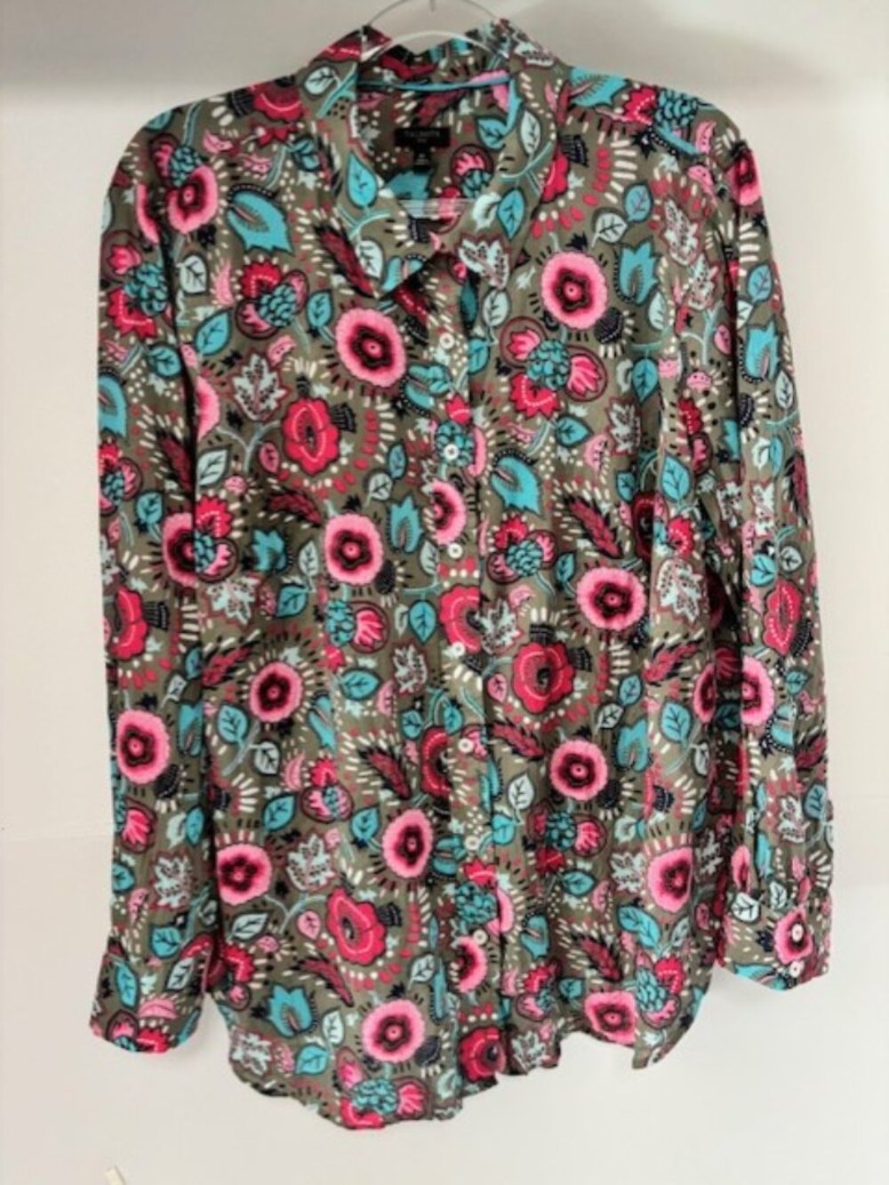 Talbots 2x Olive Green Multicolor Floral Print Button Front Sheer Collar Shirt